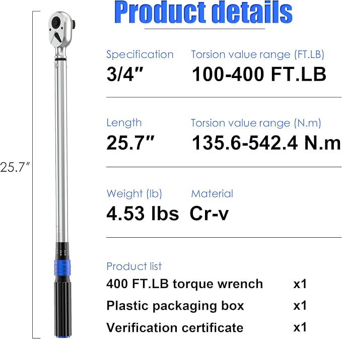 3/4'' 100-400 Ft Lb Torque Wrench Heavy Duty, Dual Direction | High hardness, Long lifetime, Stored In a Solid Case, Quick Release, Cr-V