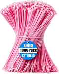 XINGO 1000 PCS Pink Zip Ties 12 Inch, 60 LBS Tensile Strength, Self-Locking Nylon Plastic Nylon PA66 Wire Ties for Indoor and Outdoor Use