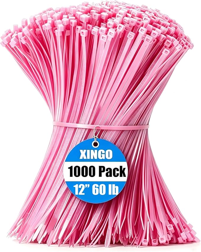 XINGO 1000 PCS Pink Zip Ties 12 Inch, 60 LBS Tensile Strength, Self-Locking Nylon Plastic Nylon PA66 Wire Ties for Indoor and Outdoor Use