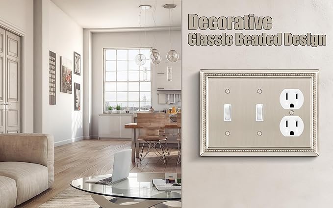 Henne Bery Sunken Pearls Heavy Duty Decorative Wall Plate Switch Plate Outlet Cover (Double Toggle/Single Duplex, Satin Nickel)