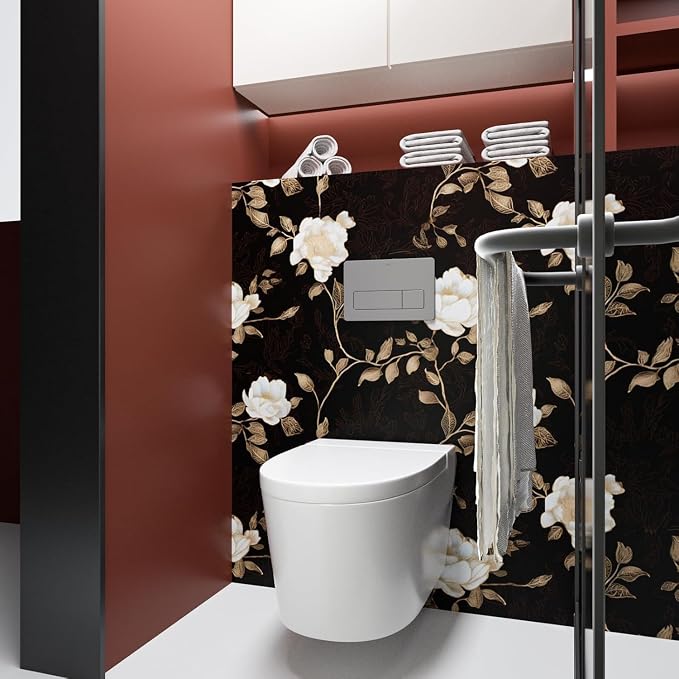Vintage Dark Black Golden Floral Wallpaper Peel and Stick 17.5"x787" | Self Adhesive/Removable/Waterproof/Thick Vinyl Extra Long Contact Paper for Bathroom Bedroom Shelf Cabinet Drawer,Prepasted