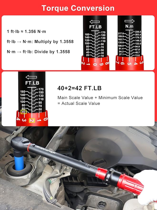 1/2 Inch Drive Click Torque Wrench, 10-170 ft.lb/13.60-230.5Nm, ±3% High Precision, Dual-Direction Adjustable 72 Tooth Click Torque Wrench 1/2 Drive for Motorcycle, Car Lug Nut Maintenance
