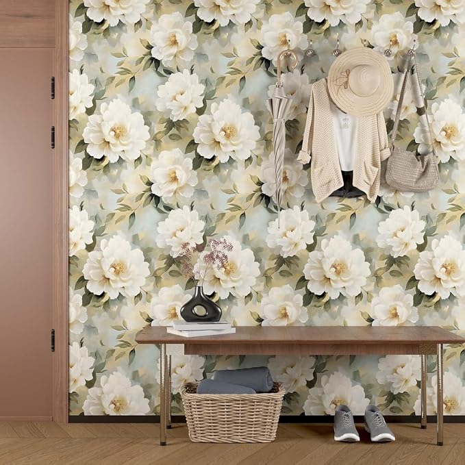 White Floral Wallpaper Peel and Stick,Oil Painting Beige Peony Contact Paper 17.5" x 393",Modern Watercolor Flower Wall Paper Self Adhesive Waterproof Removable for Girl Bedroom Shelve Cabinet Drawer