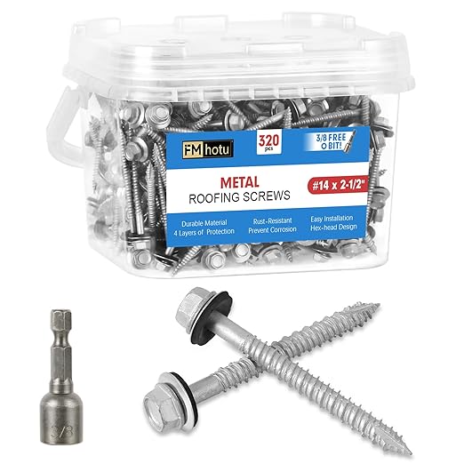 FMhotu Metal Roofing Screws #14×2-1/2Inch, 320-PCS, Hex Head Rustpert Coating Sheet Metal to Wood Siding Screw with EPDM Rubber Washer, Sharp Point, Hex Socket Included