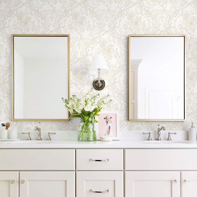 Ismoon Floral Peel and Stick Wallpaper Vintage Beige Contact Paper Boho Watercolor Damask Wall Paper Textured Removable Self Adhesive Vinyl Wallpaper for Cabinet Bedroom Wall Decor, 17.3x590in