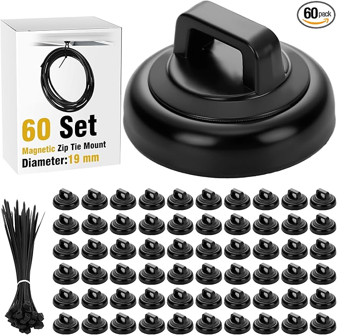Leinuosen 60 Set Magnetic Zip Tie Mount and Nylon Cable Ties, 19 mm Multipurpose Wire Cable Holder Mount Wire Clips Management Electrical Organization Supplies (Black)