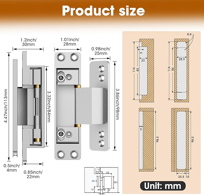 4.5" Hidden Door Hinge/Concealed Hinges,Invisible Hinges,Invisible Door Silent Door Hinge 110 Degree Swing Hinge 2-Way Adjustable Butt Hinge 4.5 x 2 x 1 (2, Silver)