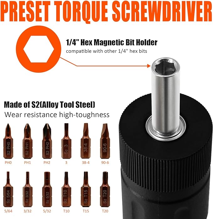 coobeast 13Pcs Preset 1/4” Drive Torque Screwdriver with S2 Bits | Torque Wrench Screwdriver Set for Maintenance, Tools, Bike Repairing and Mounting, Inch Pound Torque Range 10-70 In-lb