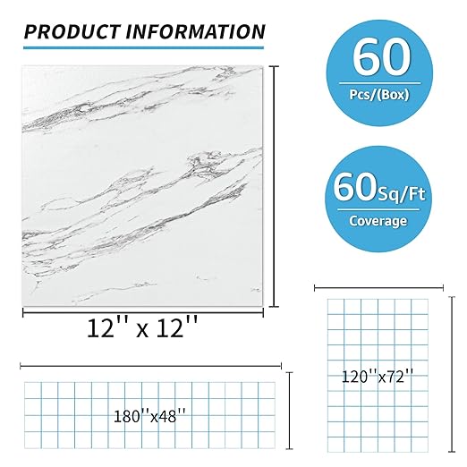 Art3d Peel and Stick Floor Tile, 60-Pack 12 x 12in. Covers 60 Sq.ft, Waterproof Vinyl Flooring Tiles Self Adhesive for Kitchen, Bathroom & Bedroom - Gray Marble