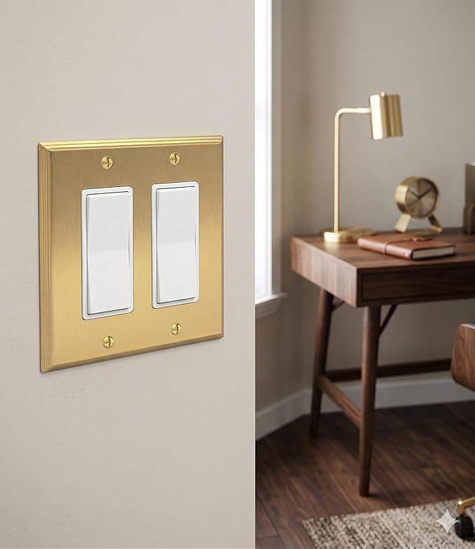 Rio Salto BRASS Rocker Light Switch Cover Plate Double Rocker Switch Plate 2 Gang Decorator Paddle GFCI Brushed Gold Metal Outlet Covers Decorative Wall Plates — Deco Collection, Standard, 4.50"x4.56"