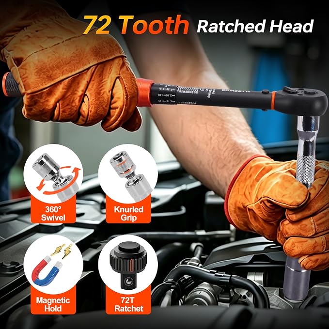 41PCS Torque Wrench Set 1/4 3/8 1/2-Inch Drive, Complete Click Torque Wrench Kit with Sockets, Bits, Extension Bars & Adapters, ±3% Accuracy 72-Tooth Dual-Scale Wrenches for Bike, Moto, Car, Truck