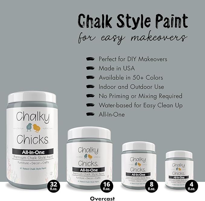 Chalky Chicks 4 Fl Oz Matte Overcast (Blue Gray) Chalk Paint for Furniture Without Sanding - No Prep Furniture Paint No Sanding All in One for Crafts, Wood, Walls, Cabinet, Metal, Dresser, Farmhouse
