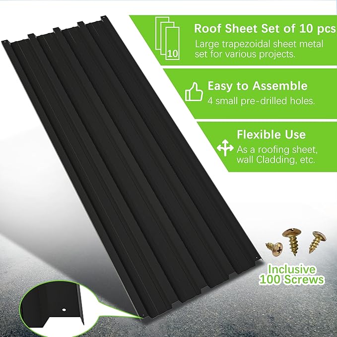 Metal Roof Panels 10 pcs 50 ft² Galvanized Steel Corrugated Tin Roofing Panels Gazebo Top Cover Garages,Sheds, Stables and Mobile Homes Replacement for Patio Outdoor Garden, Black
