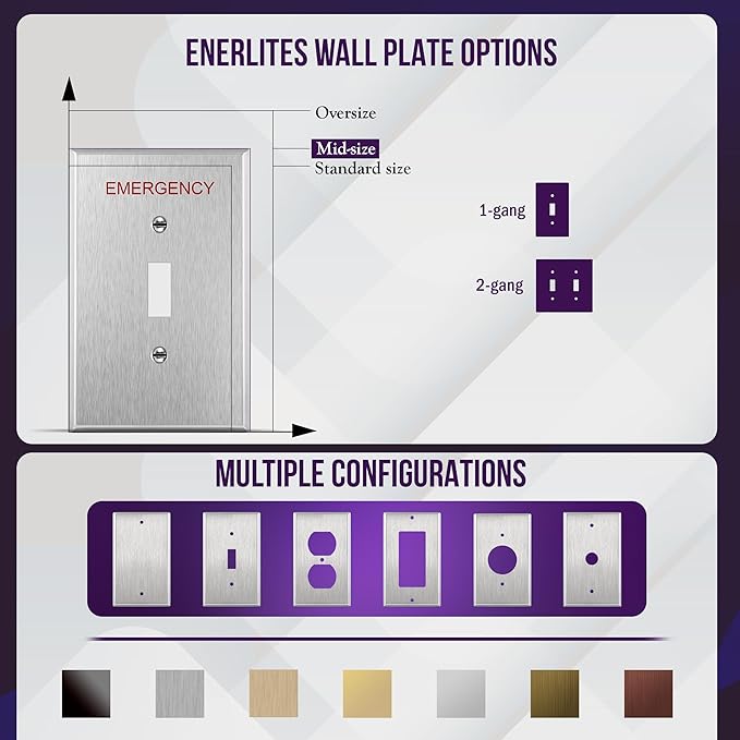 ENERLITES Toggle Light Switch Metal Cover Plate with Emergency Label, Stainless Steel Wall Plate, Corrosion Resistant, Mid-Size 2-Gang 4.88" x 4.92", 430 Stainless Steel, 7712M-E, Silver (Pack of 1)