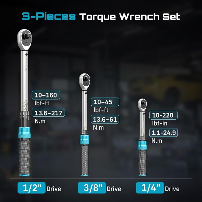 Seesii Torque Wrench Set 1/4" 3/8" 1/2" Drive | ±3% Accuracy, Click Type Torque Wrench Kit with Adapters for Car, Motorcycle, Bike Repair