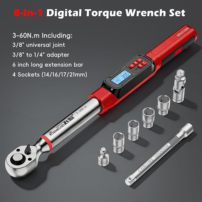 3/8" Digital Angle Torque Wrench, 2-44 Ft.lb, ±2% Accuracy, 8pcs | Electronic Torque Wrench with 0.1° Angle Mode, LED Display, Buzzer Alerts for Automotive, Motorcycle & Engine Repair