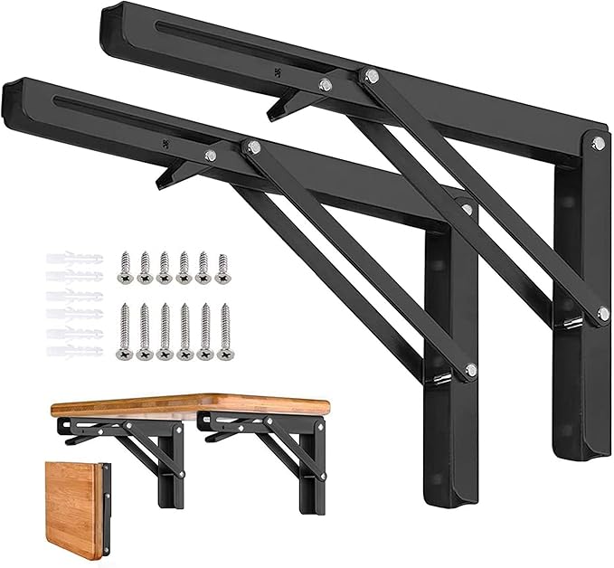 Folding Shelf Brackets - 14 Inch 2 Pcs Heavy Duty Metal Collapsible Shelf Bracket, DIY Wall Mounted Shelf Bracket, Space Saving for Bench