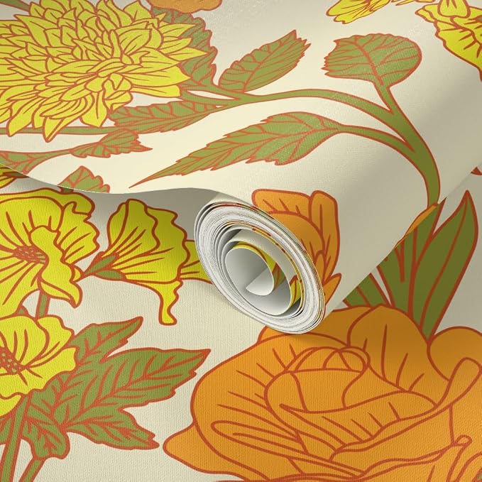 Spoonflower Retro Floral Yellow Pre-Pasted Removable Wallpaper | Sample 12" x 24" | Orange Green 1970S Flowers Botanical | Self-adhesive, removable and renter-friendly