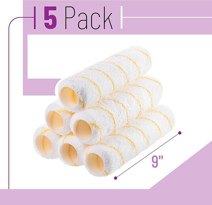Bates- Paint Roller Covers, 9" x 3/8", 6 Pack, Yellow Stripes, Covers for Paint Rollers 9 Inch