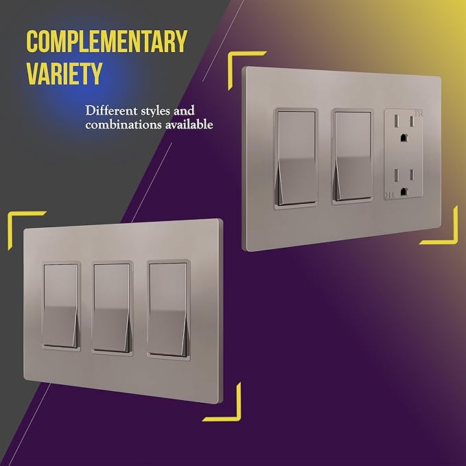 ENERLITES Elite Series Screwless Decorator Wall Plate Child Safe Outlet Cover, Size 3-Gang 4.68" H x 6.53" L, Unbreakable Polycarbonate Thermoplastic, SI8833-NK, Glossy, Nickel
