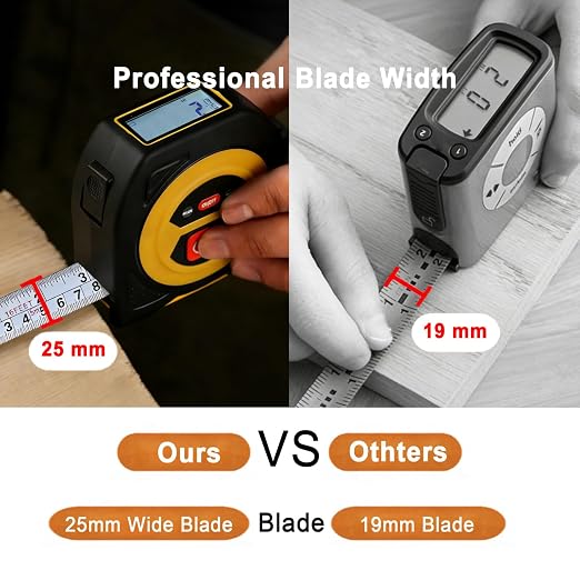 TLW Digital Tape Measure 16ft/5m, 25mm Wide Blade Retractable Measuring Tape with Easy Read LCD Screen, 9 Data Memory, 2-in-1 Auto Lock Metric and Imperial Units