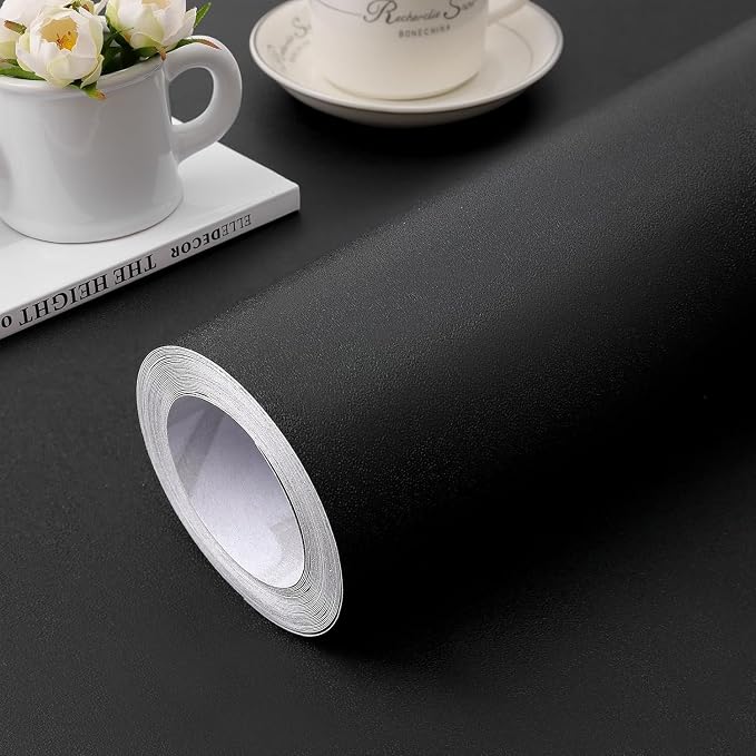 23.6 in x 236.2 in Black Wallpaper Black Peel and Stick Wallpaper | Soild Matte Textured Self Adhesive Removable Vinyl Film Paper for Cabinets Countertops Wall Decoration Coverings