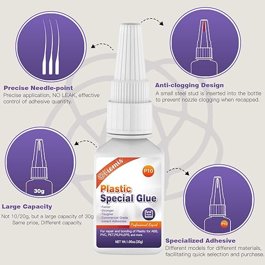 30g Plastic Glue, Instant Super Glue for Plastic, Fast Dry Strong Plastic Adhesive for Acrylic, Model, DIY Crafts, Tube, PVC, Vinyl, ABS, PBT, PS, PA, PC, PM, MA, Nylon