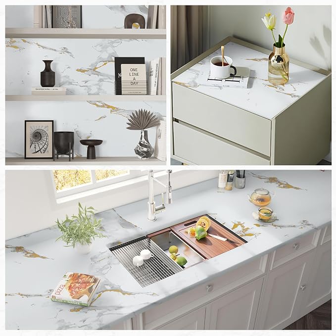practicalWs Glossy Marble Wallpaper Peel and Stick White/Gold Granite Contact Paper Removable Wall Paper for Kitchen Countertop Cabinet Furniture 11.8" x 78.7"