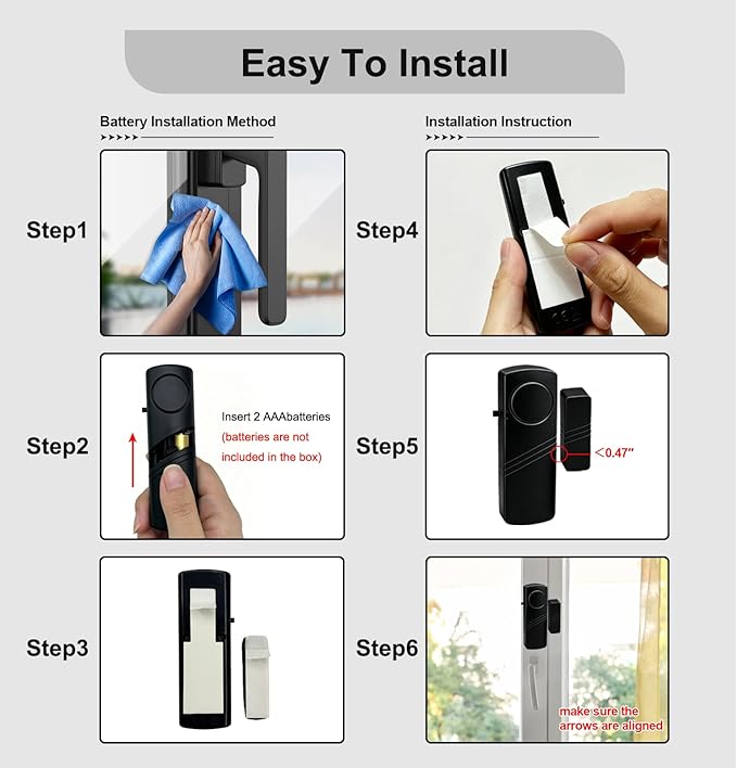 Door Window Alarm - 90dB Loud Home Security Sensor for Kids Safety, Burglar Alert for House, Apartment, Office, Hotel & Pool Window, Black (4 Pack)