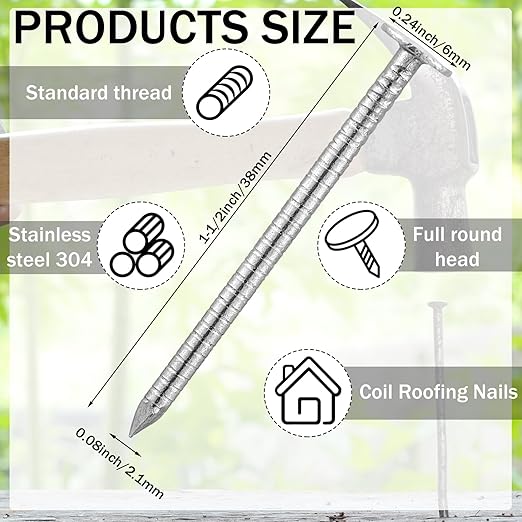 Tandefio 2 Pounds Box 1-1/2 Inch Siding Nails 304 Stainless Steel Roofing Nails Flat Head Hardware Nail Shingles Roofing Tile and Slating Nail for Wall, Siding, Hardware, Cedar Wood, Decking