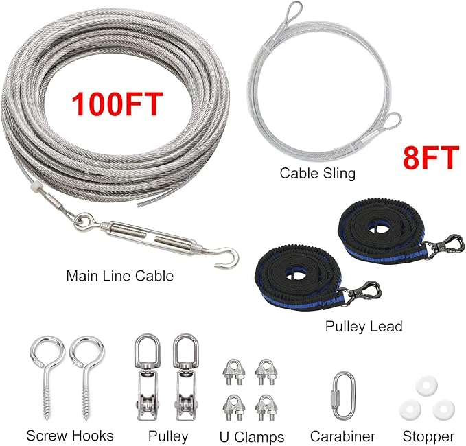 XiaZ 100FT Dog Trolley Runner Cable for 2 Dogs, Tie Out Cable for Small, Medium, Large Dogs up to 200lbs，Pet Lead for Yard, Camping, Outdoor, with 8 Ft Nylon Bungee Runner