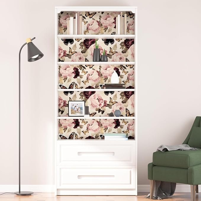 Beige Pink Butterfly Floral Peel and Stick Wallpaper 17.5"x393" | Self Adhesive/Removable/Waterproof/Thick Vinyl Vintage Contact Paper for Bathroom Bedroom Shelf Cabinet Drawer,Prepasted