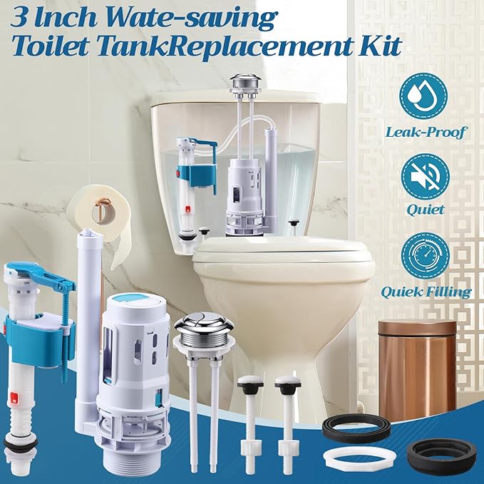 Ganeen 3 Inch Dual Flush Valve Replacement Universal Toilet Tank Replacement Kit with Top Push Button Toilet Fill Valve Bowl Gasket Plastic Bolts Inside Tank Parts Flusher Repair for Easy to Install