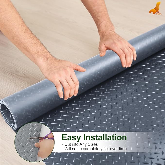 SEAL 4 x 8 Ft Premium Garage Floor Mat, Solid 2.8mm Thick Lay-Flat Gray Commercial Grade Heavy Duty Parking Mat for Garage Floor, Golf Cart, Water/Stain Resistant Runner (Embossed Diamond Plate)