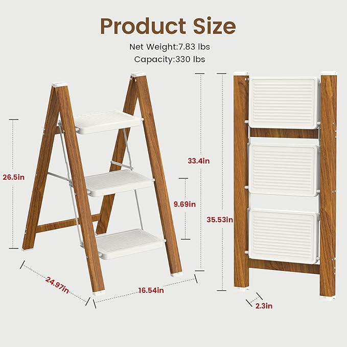 HBTower Step Ladder,Lightweight Aluminum Folding Step Stool with Anti-Slip Wide Pedal,330lbs Capacity Step Ladder for Household,Kitchen,Office - WhiteWoodgrain