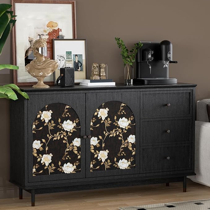 Vintage Dark Black Golden Floral Wallpaper Peel and Stick 17.5"x787" | Self Adhesive/Removable/Waterproof/Thick Vinyl Extra Long Contact Paper for Bathroom Bedroom Shelf Cabinet Drawer,Prepasted