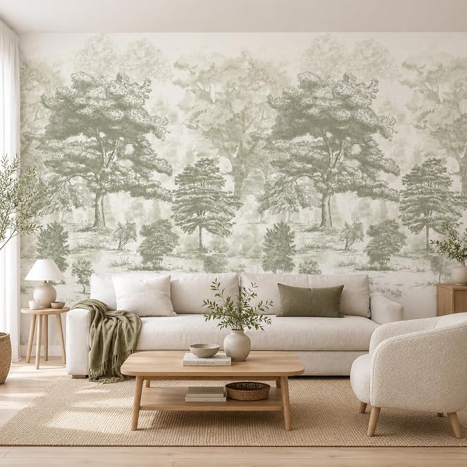 Vintage Forest Wall Murals Peel and Stick 144" W x 100" H | Canvas Waterproof Tree Self-Adhesive Wallpaper Large Nature Landscape Art Deco for Bedroom
