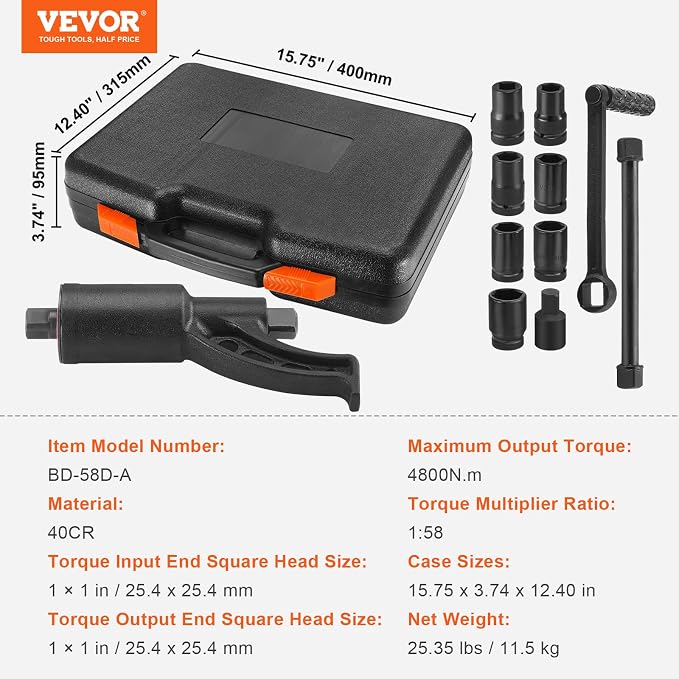 VEVOR Torque Multiplier, 1 Inch Drive Lug Nut Wrench/Multiplier Heavy Duty Torque Multiplier Wrench Set, 1:58 4800N.m Lug Nut Remover, Includes 8 Sockets (24-38mm) and Storage Case