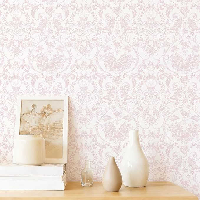 Ismoon Peel and Stick Wallpaper Pink Contact Paper 17.3in x 6.56ft Vintage Floral Wallpaper Boho Damask Removable Textured Wall Paper for Bedroom Bathroom Shelf Cabinet Décor