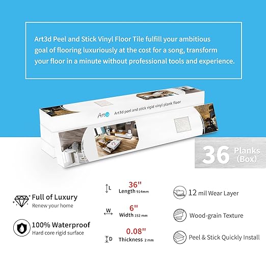 Art3d 36-Pack Peel and Stick Luxury Vinyl Flooring Tiles, 54 Sq. Ft Self Adhesive Wood Plank for Kitchen, Bedroom, Bathroom, Grey Ash