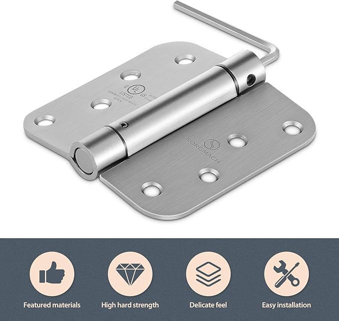 Self Closing Door Hinges 4 inch Satin Nickel Auto Close Hinge Adjustable 4" x 4" Spring Hinges 5/8" Radius Corner Commercial Door Closer Hinge UL Listed, 6 Pieces