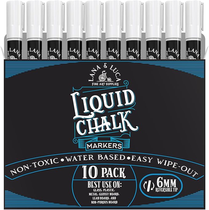 LANA & LUCA Liquid Chalk Marker Pen - White Dry Erase Marker - Chalkboard Markers for Signs, Windows, Blackboard, Glass - Reversible Tip (6mm, 10 Pack)