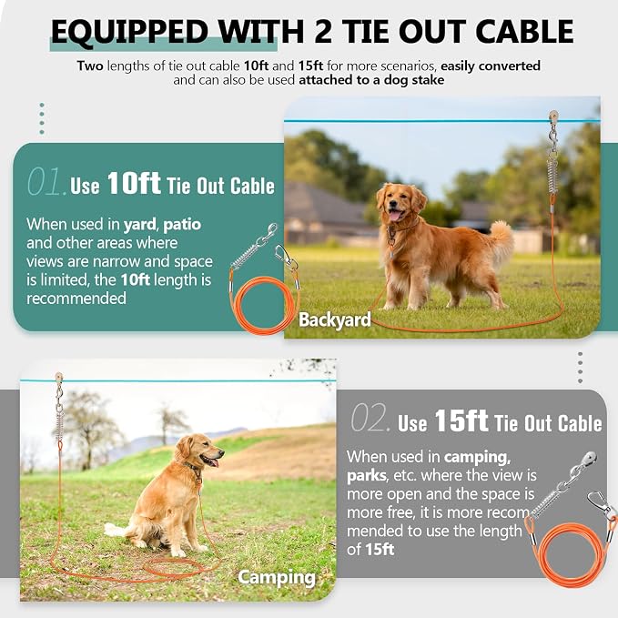 Professional Dog Runner Trolley System，Heavy Duty & Adjustable 175ft Dog Zip Line with 10ft & 15ft Tie Out for Large Dogs Up to 250lbs, Chew Proof Dog Run Cable for Yard, Camping & Outdoor Adventure