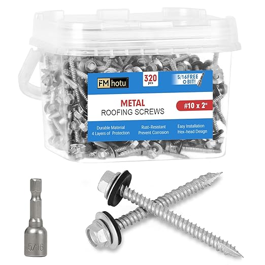 FMhotu Metal Roofing Screws #10×2Inch, 320-PCS, Hex Head Rustpert Coating Sheet Metal to Wood Siding Screw with EPDM Rubber Washer, Sharp Point, Hex Socket Included