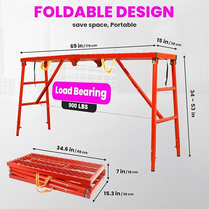 900LBS Foldable Work Platform Scaffolding, Portable Scaffolding Ladder with 5-Level 34"-53" Height Adjustable Welded Steel Work Platform, Multi-Purpose Scaffold Ladder for Painting, Wiring, Home Decor