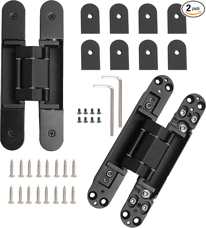 2-Pack 7 inch Black Hidden Door Hinges Heavy Duty, Zinc Alloy Invisible Hinges, Concealed 180 Degree Swing Hinge, 3 Way Adjustable Butt Hinge