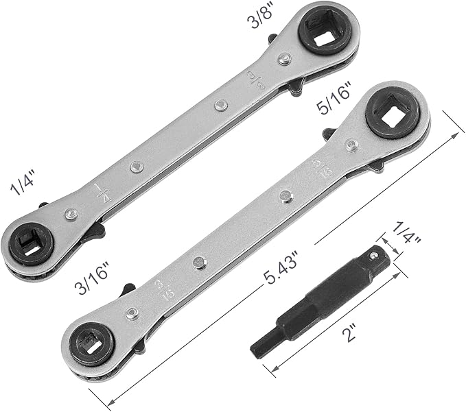HVAC Service Wrench, Refrigeration Wrench With 2 Pcs HVAC Hexagon Bit Adapter, Premium AC Tools for HVAC, Refrigeration Equipment Repair (3/16”, 1/4”, 5/16”, 3/8”)