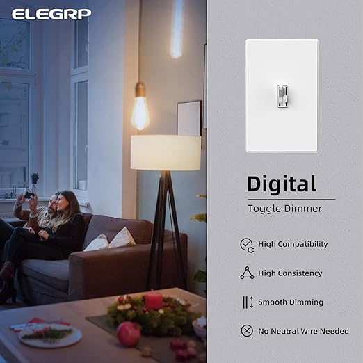 ELEGRP Digital Dimmer Switch for LED/CFL, Toggle Dimmer Switch with Decorative Frameless Design Wallplate, Single Pole/3-Way, UL Listed, 1 Pack, White