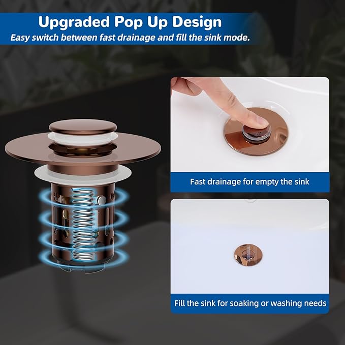 Hibbent 3 Pack 3 in 1 Bathroom Sink Drain Strainer, Universal Pop Up Stopper with Removable Stainless Steel Filter Basket Hair Catcher, Sink Plug for 1.1''~2.36'' Basin, Brass Bullet Core, Rose Gold