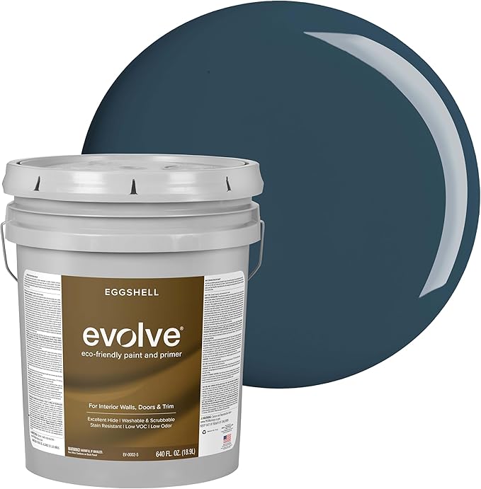 EVOLVE Interior Paint & Primer, Eggshell (Deep Blue), 5 Gallon – One-Coat Coverage, Excellent Hide, Low VOC, Low Odor, Washable Paint for Walls, Doors & Trim